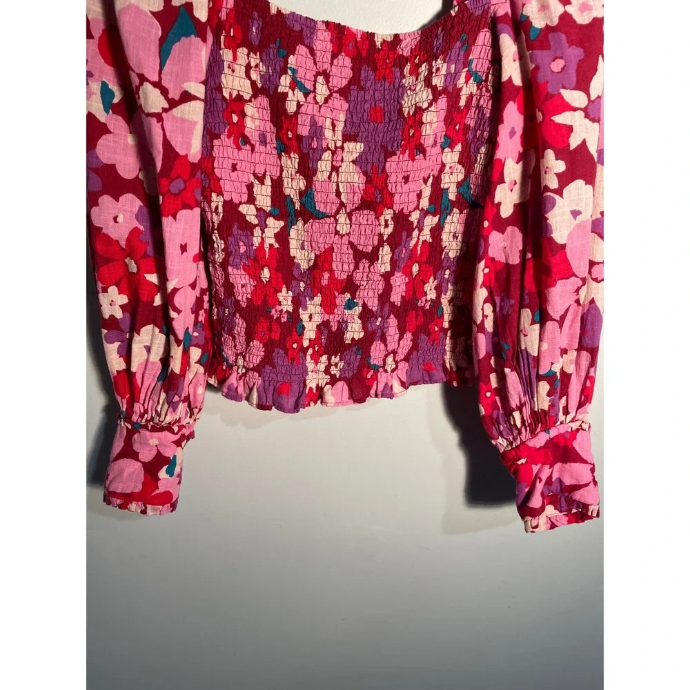 Free People Ariana‎ Printed Top Pink Size XS Feminine Floral Puff Sleeve Smocked